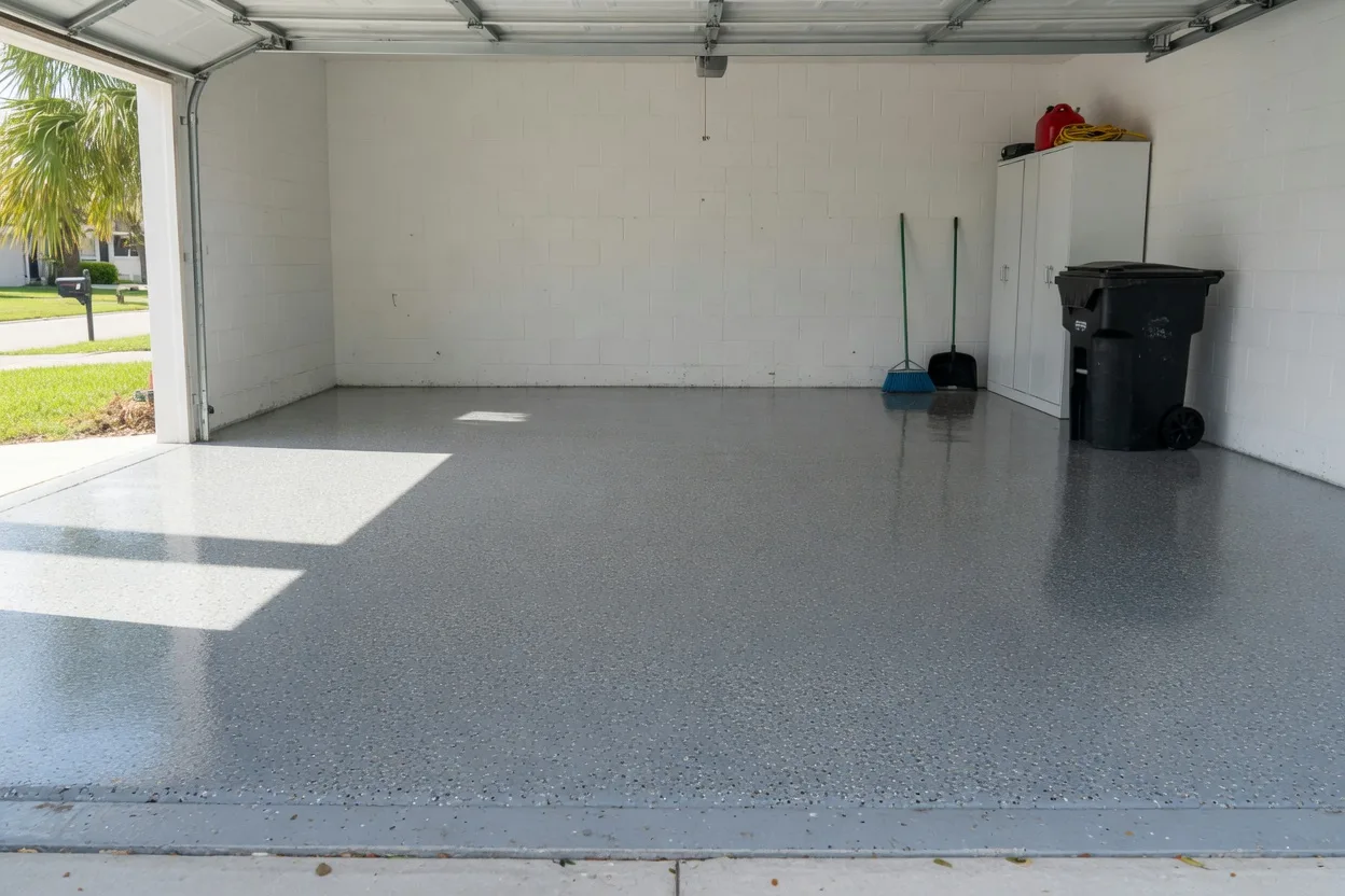 Epoxy flooring in a Land O Lakes garage, viewed from the driveway