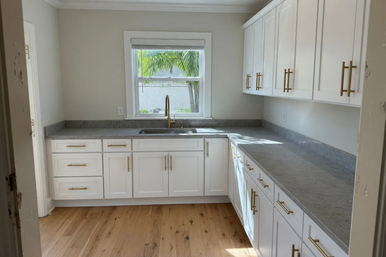 Cabinet refinishing in a Lutz kitchen, viewed from the doorway