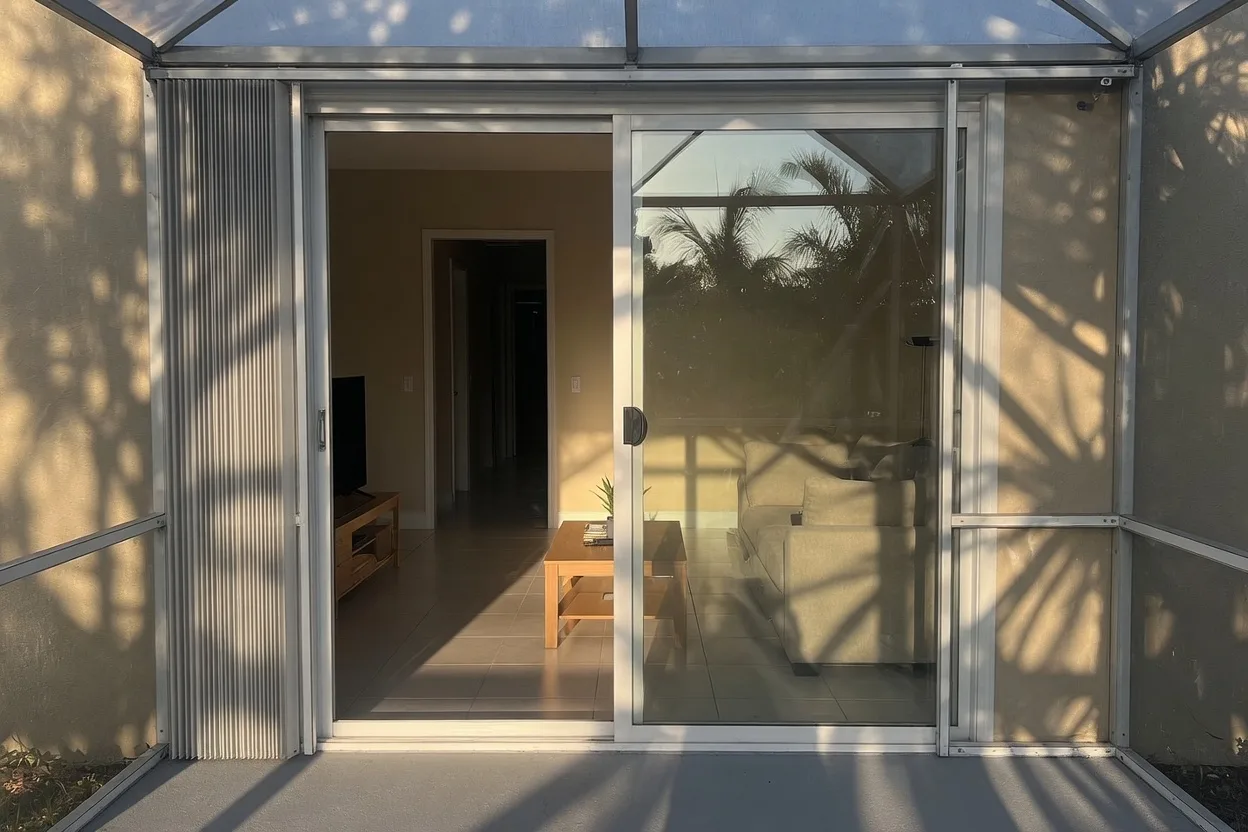 Same Lutz living room after interior painting, viewed from the patio