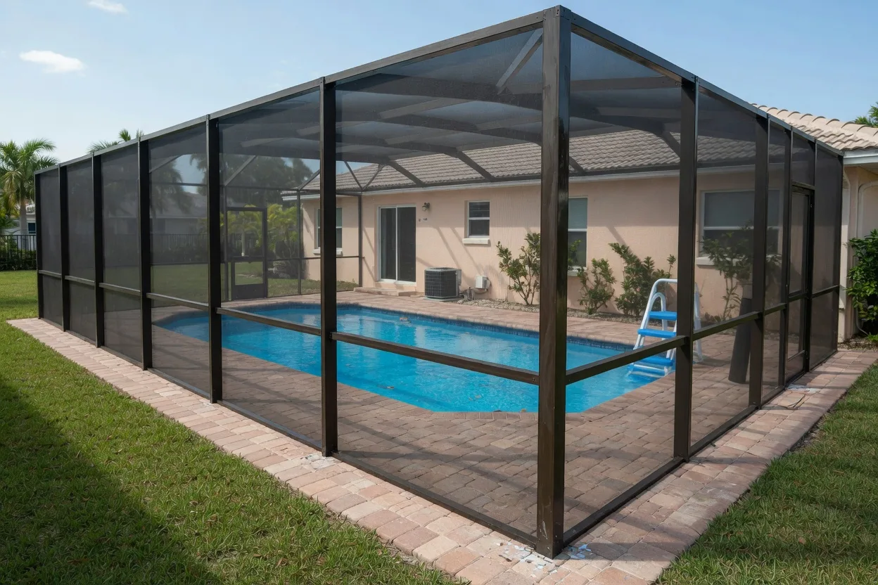 Pool cage painting in Odessa, viewed from the yard
