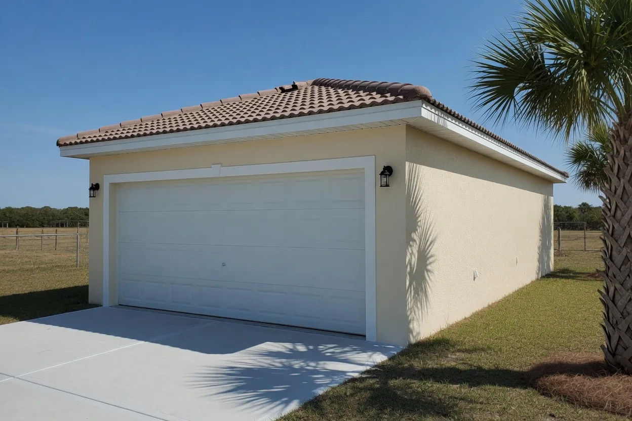 Same Odessa stucco house, garage side