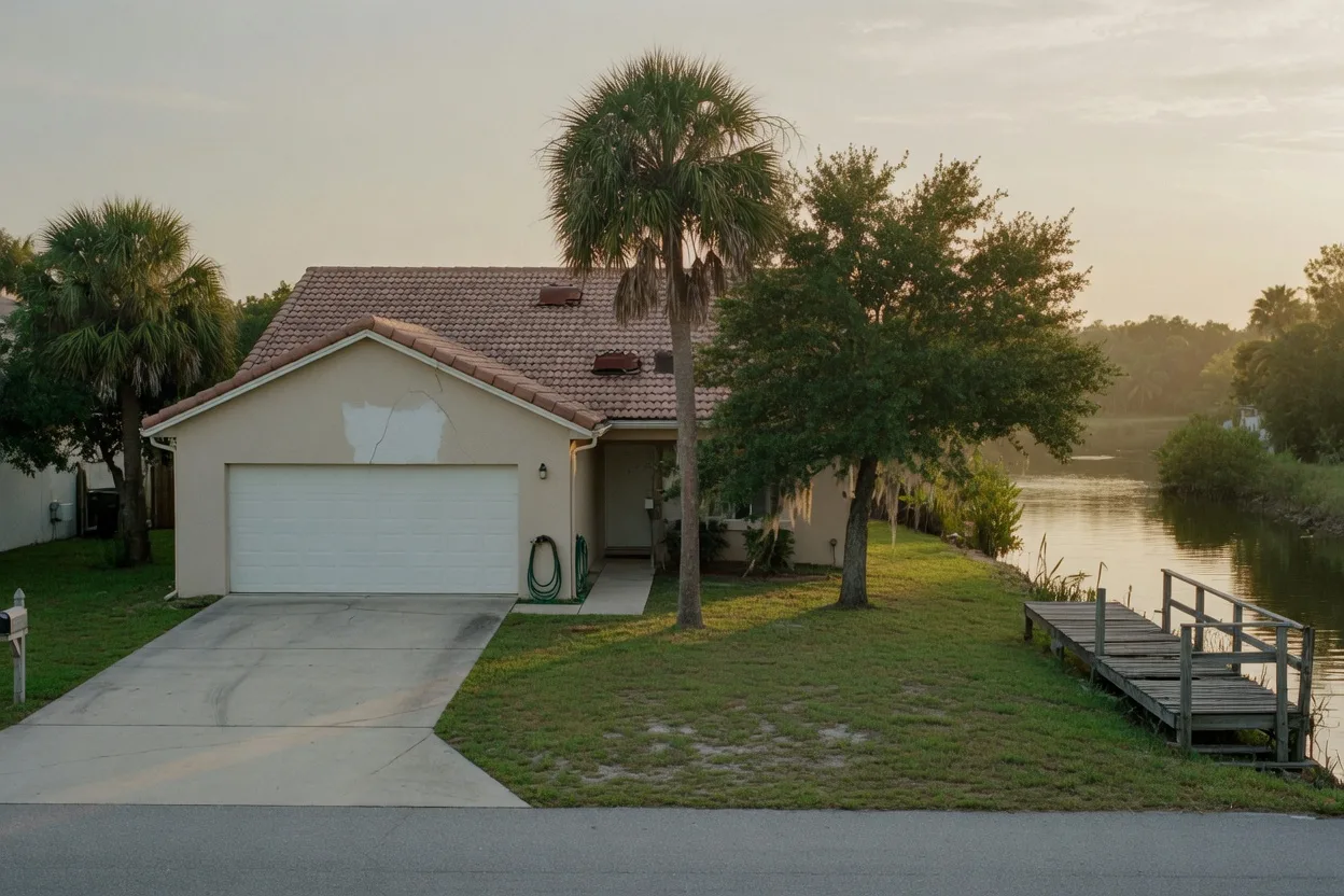 Exterior painting on an Oldsmar house, front elevation