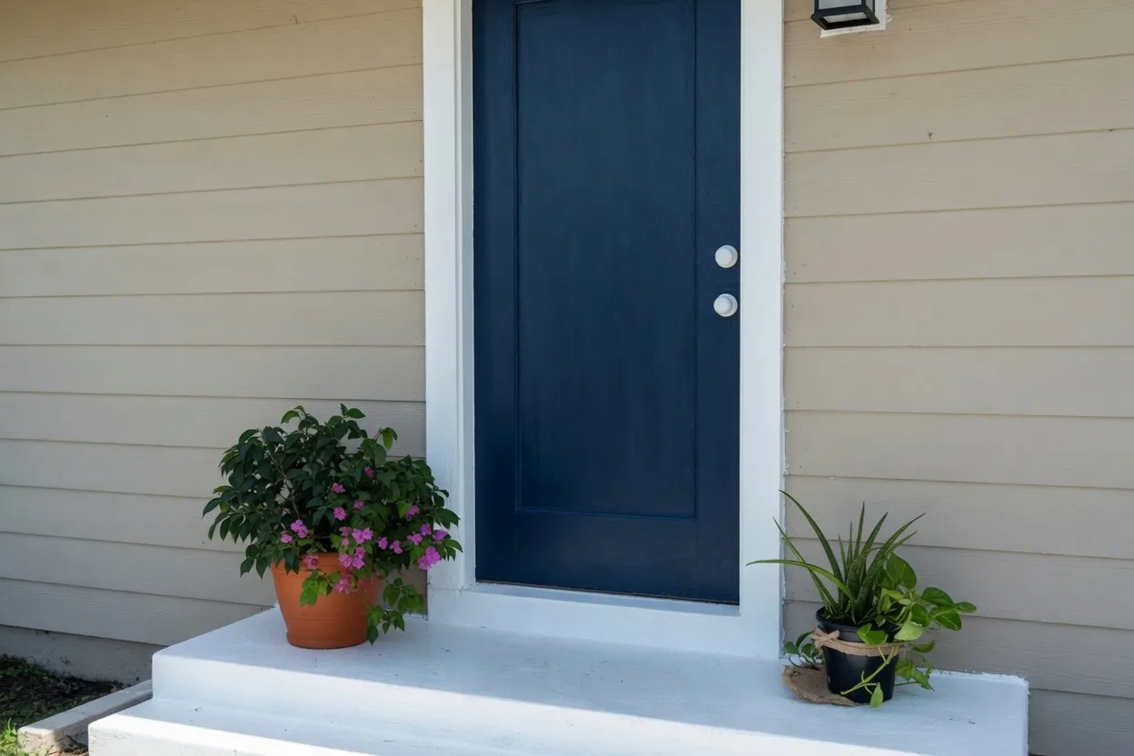 Same Town n Country front door, three-quarter view